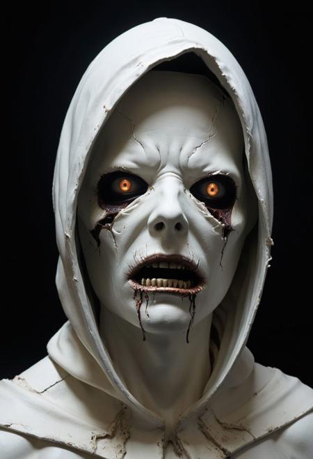 an uncanny otherworldly creature, make, surrealistic extreme, expressive, highly detailed and hyper realistic, horrifying pale body, scarred, white cowl, sunken eyes, grotesque appearance, hooded, vicious (glowing eyes:0.6), sunken eyes, black and ivory hues, desaturated colors, shadow play,  upper body side view, furiously angry, side view looking at viewer, Moebius dark sky in the background
<lora:xl_more_art-full_v1:0.5>