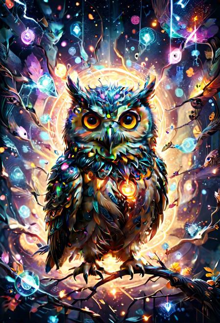 owl, Sci-Fi, extremely detailed,<lora:xl_more_art-full_v1:1>, glowing lights, beautiful magical sparkles, vibrant whimsical colors <lora:ral-elctryzt:0.71> ral-elctryzt