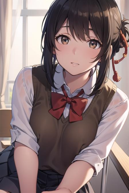 mitsuhamiyamizu, <lora:mitsuhatest:1>,
mitsuha miyamizu, black hair, (brown eyes:1.5), hair ribbon, (small breast:1.2),
BREAK bow, bowtie, kneehighs, pleated skirt, red bow, red bowtie, school uniform, skirt, sweater vest, brown vest,
BREAK looking at viewer,
BREAK indoors, classroom,
BREAK <lora:GoodHands-vanilla:1>, (masterpiece:1.2), best quality, high resolution, unity 8k wallpaper, (illustration:0.8), (beautiful detailed eyes:1.6), extremely detailed face, perfect lighting, extremely detailed CG, (perfect hands, perfect anatomy),