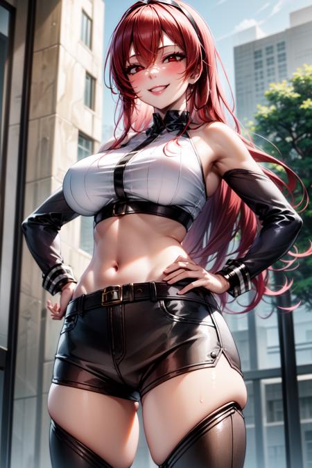 best quality, masterpiece, 1girl, (solo:1.1), raytracing, ultra detailed,detailed face, 8k wallpaper, (wide hips:1.1), <lora:more_details:0.5>, smile, ErisgreyratNDV, sharp eyes, 1girl, red hair, red eyes, large breasts, very long hair, hair between eyes, bare shoulders, black hairband, sleeveless shirt, brown jacket, fur collar, open clothes, brown shorts, (high boots:1.1), belt, fingerless gloves, brown thighhighs, standing, outdoor, <lora:ErisGreyratNDV:0.7>, mature female, hands on hips, (yandere, crazy smile, half-closed eyes:1.2), from below