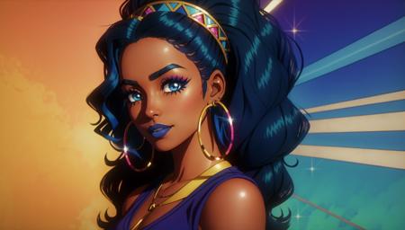 Pokemon Gotcha Style, nessa (pokemon), 1girl, hoop earrings, dark-skinned female, dark skin, jewelry, earrings, solo, multicolored hair, smile, eyeshadow, eyelashes, long hair, makeup, two-tone hair, closed mouth, blue hair, blue eyeshadow, blue eyes, black hair, looking at viewer, viewfinder