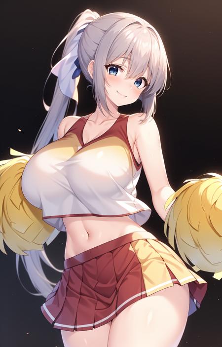 masterpiece,  best quality, intricate, absurdres,  cowboy shot, 1girl, solo, looking at viewer,  <lora:Chieri_Shizukuishi:0.8>, Chieri Shizukuishi, silver hair, (gradient hair), (short bangs:1.2), blue eyes, large breasts, collarbone, navel, midriff,  absurdly long ponytail, red skirt, pleated skirt, yellow pom pom (clothes), pom pom (cheerleading), holding pom poms  standing, smile,