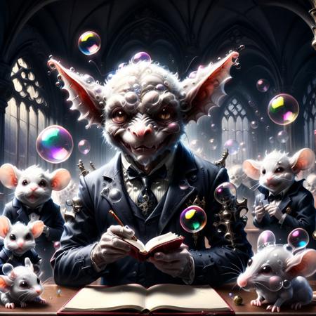 Highly stylized digital painting, a classroom where gothic gargoyles blow soap bubbles that become planets, with a class of mice in Victorian school uniforms taking notes, pun: “The Bubbliverse Explained”