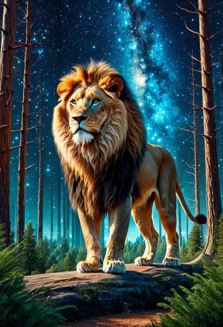 CosmicStyle,space,fantasy,Shimmering stars,animal, Lion,full view,masterpiece, best quality, amazing quality, aesthetic,outdoor,trees,fantasy,forest