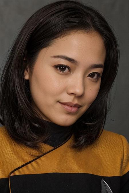 1girl, Asian, light Blond Hair (close up:1.4), ((headshot)),  yellow pcdst uniform, long sleeves, blurry background<lora:STPicardUniforms:0.8>