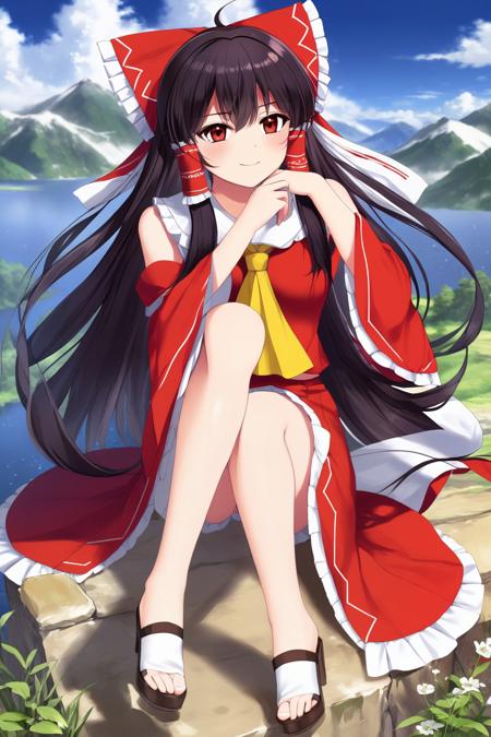 (masterpiece, best quality, highres, anime art style, pixiv), (1girl, solo, hakurei reimu, sitting),  <lora:hakurei_reimu_xl-000050:0.7>