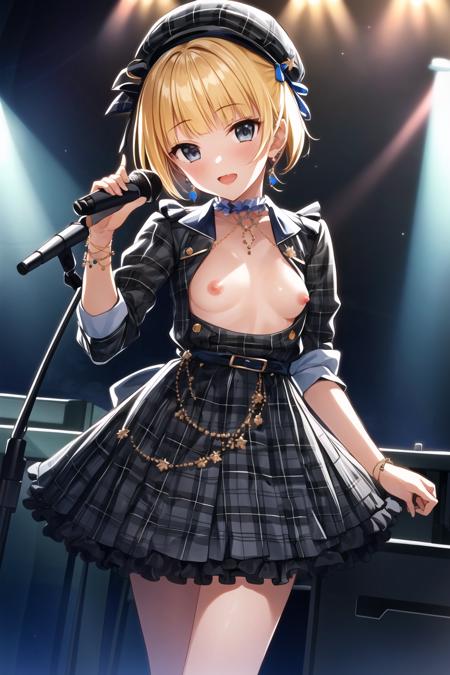 masterpiece, best quality, detailed face,(ultra hi res:1.2),(illustration:1.3),(game cg:1.2),(official concept art: 1.2),
(1girl:1.5),
kawaii,
(crowd:1.2),
BREAK
(wearing  detailed  jewelry dress:1.2) and (jewelry:1.2) and (frills:1.2),
(midlle breasts:1.1) ,
(slender),
(cdy:1.1),(suisei:1.1),
<lora:suiseicos_V2:0.8>,
singing,
(stage,Spotlight:1.2),
holding 1 microphone,
BREAK
<lora:add_detail:0.5>
(small breasts:1.1),
grey  eyes,
short cut hair,
cat hat,
blunt bangs,
yellow  hair,
(nsfw:1.2),(open clothes:1),(detailed nipple1.2),