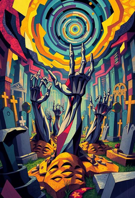 A hyper-stylized anime graveyard, blending the opulent, geometric patterns of Art Deco with the fragmented, multi-angled forms of Cubism. Zombie hands, rendered in bold, Cubist shapes and Art Deco-inspired patterns, burst forth from grave mounds, as if grasping for the living. The graveyard itself is a maze of geometric shapes and fragmented forms, with tombstones, mausoleums, and other monuments broken into multiple, overlapping planes. The background is a swirling, Cubist-inspired vortex of colors and patterns, with Art Deco motifs woven throughout. The overall effect is one of eerie, unsettling energy, as if the viewer is gazing into a fractured, nightmarish world. The zombie hands are depicted in a stylized, fragmented manner, with each finger rendered as a separate, geometric shape, adding to the sense of disjointed, Cubist chaos. highest-Quality, intricate details, visually stunning, Masterpiece