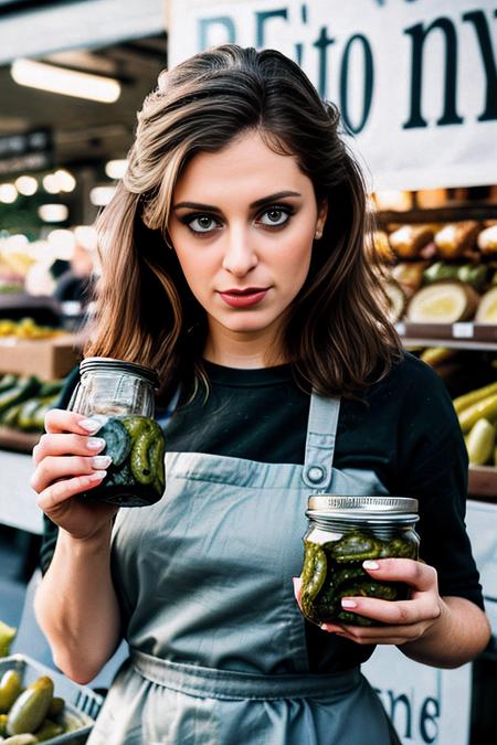 a professional photograph of beautiful (RB100m:1.1) woman,as a beautiful merchant,wearing a (pearl gray) (shopkeepers apron:1.2)over(black shirt:1.1),holding a (large jar of pickles:1.4),standing in front of a (produce stand:1.1),at a busy street market,on cobblestone street,crowded with shoppers,long hair,lipstick,makeup and eyeshadow,magazine advertisement photoshoot,sharp focus,detailed eyes,(highly detailed),(HDR),(8k wallpaper),intricately detailed,high contrast,highres,absurdres,hyper realistic,8K UHD DSLR,Fujifilm XT3,taken with (Canon EOS 1Ds camera),extremely intricate,(looking at viewer),4k textures,elegant,(cinematic look),hyperdetailed,PA7_Portrait-MCU,<lora:RB100m_05B-000004:0.9>,