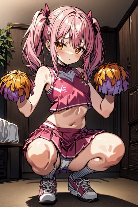 1girl, solo, (wide shot, fisheye:0.85), pink hair, twintails, orange eyes, small breasts, cheerleader pom pom, hand on own knee, rose, instrument, Poinsettia, bedroom , desperation, nice hands, squatting