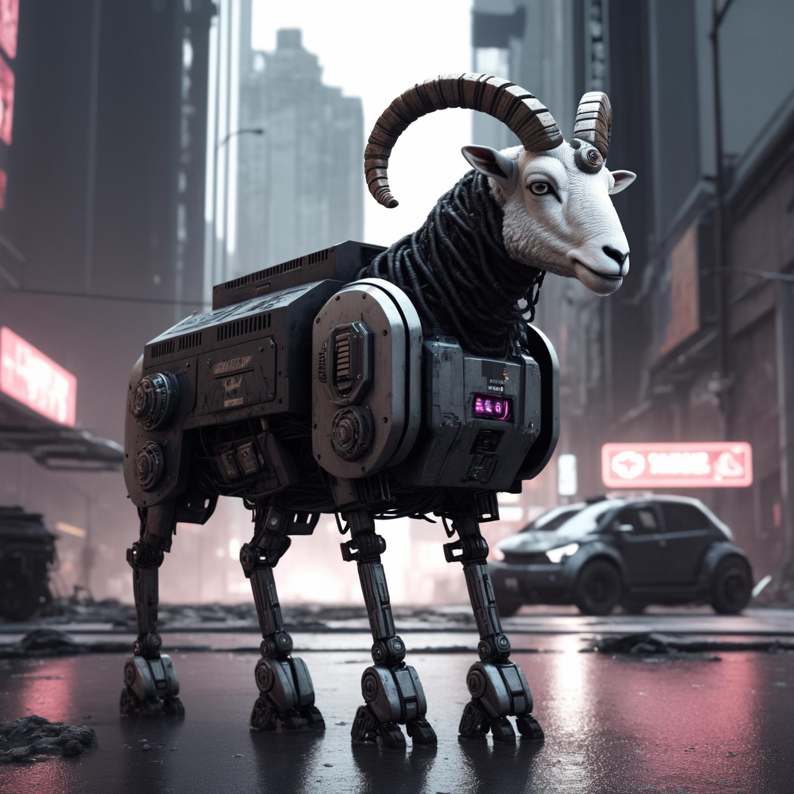 A robot-like goat or ram statue is standing on a city street, with the backdrop of a tall building.