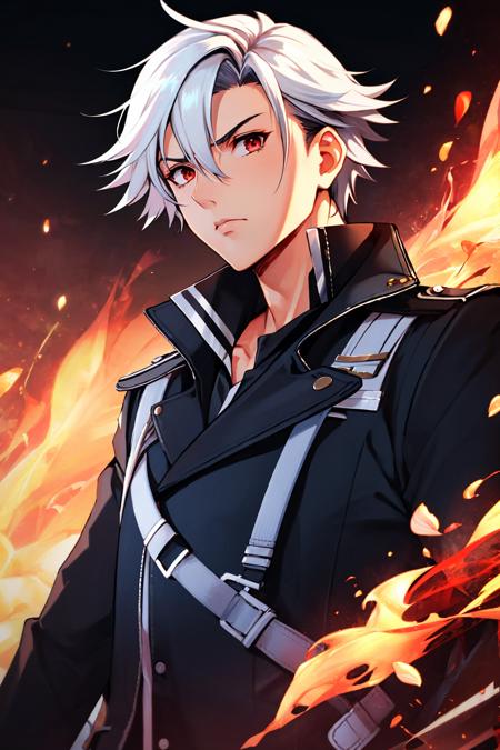 masterpiece, best quality, rean schwarzer, sen4rean, black coat, black pants, black gloves, white hair, red eyes, upper body, looking at viewer, furrowed brow, serious, fire, darkness, abstract background <lora:rean-nvwls-v1-000009:0.9>