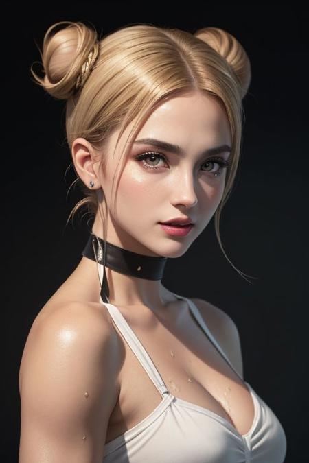 (full_shot:1.1),(1girl),(solo:1.1),(masterpiece, best quality, hires, high resolution:1.1),shiny skin,brown hair,(bun cover:1.5),double bun,eyeliner,hair bun,lipstick,makeup,pink lips,blush,eyeshadow,eyelashes,seductive_smile,big breasts,hanging breasts,(photo level realism:1.2),(complex and beautiful:1.2),(detail light:1.2),(soft lighting, side light, reflected light, ),(sharp),white hair,long hair,(simple background:1.1),Simple background,pearl \(gemstone\),Cinematic Lighting,perfect face,beautiful face,detail eyes,detail face,beautiful eyes,realistic mouth,correct fingers,perfect hands,looking at viewer,chun li,(fighting stance:1.1),(wide shot:1.1),(standing:1.1),<lora:chunli_v1.0:1.1>,<lora:add_detail:0.5>, Ariana Grande-Butera - cyber punk bikini blond demon red army cyber punk Ariana Grande-Butera cyber punk blond Cara Jocelyn Delevingne light green skin red army clothing wet transparent white silk - bikini - Catwoman beach bikini