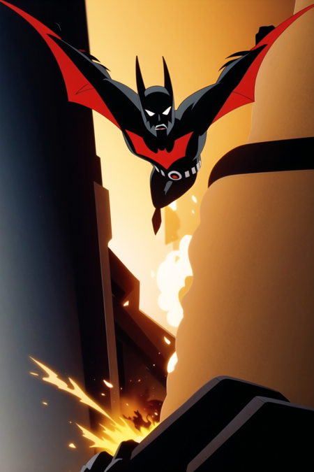 Masterpiece, best quality, ultra-detailed, 
Batman-Beyond, Beyond-Wings, emerge from fire, dramatic, cinematic, solo, male focus, crouched, (holding debris :1.1) 
 <lora:Batman_Beyond-20:0.9>