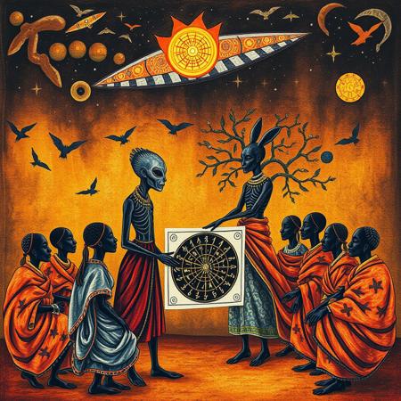 tribal ethnic abstract organic indigenous, elegant extraterrestrial being meeting with people of Dogon tribe surrounding welcoming, holding chart of stars, painting made of natural dyes on textured textile cloth, style of Mali West-Africa, comprised of primitive abstract organic forms with vibrant natural colors, overhead spaceship from Sirius dogstar