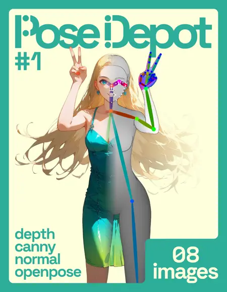 [OpenPose + Depth + Canny + Normal] Pose Depot #1: Double Peace Sign