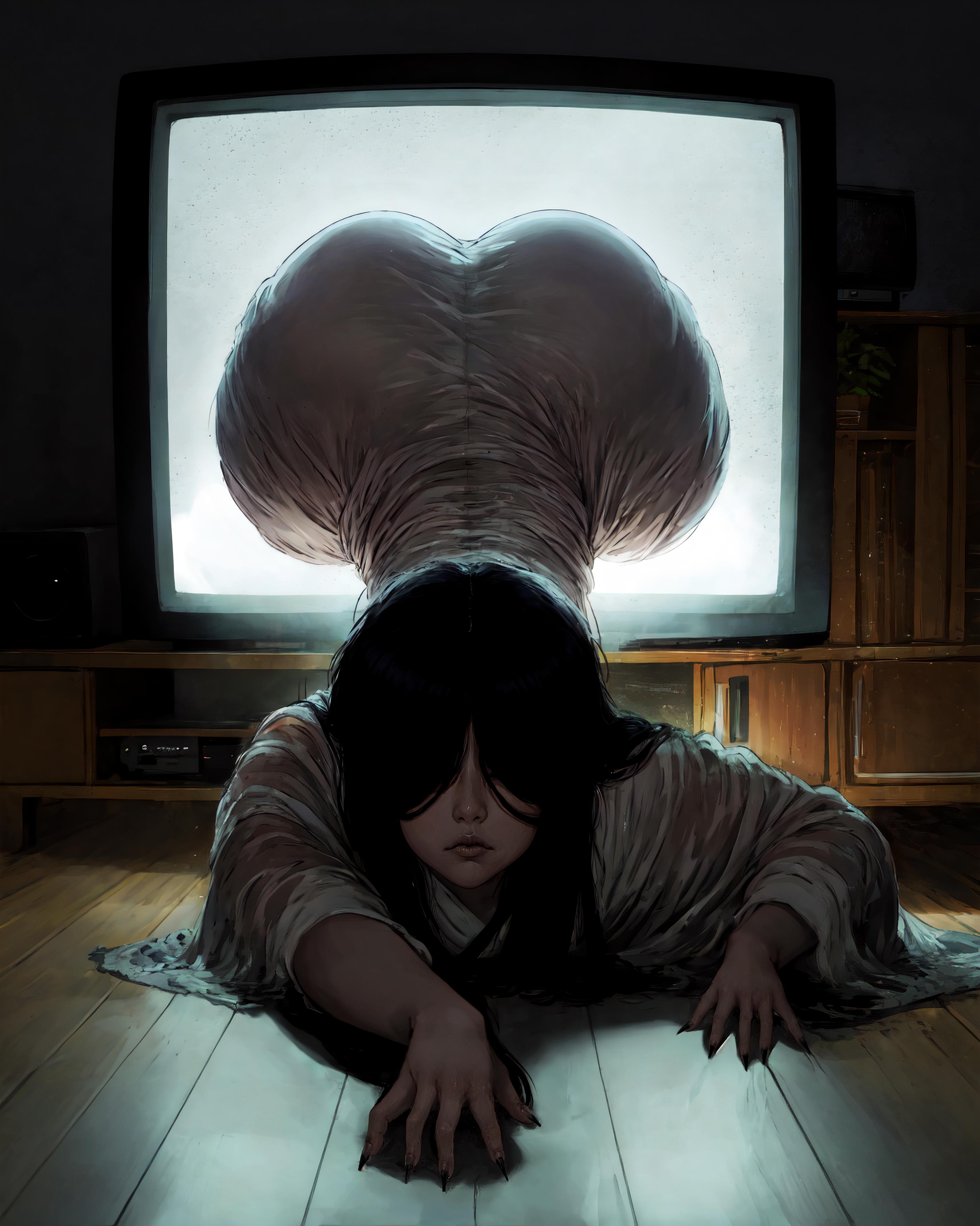 A woman with a large butt is laying on the floor in front of a TV.