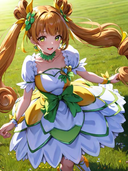 cure rosetta curly hair, long twintails, clover hair ornament, wrist cuffs, yellow dress, white boots, green ribbon