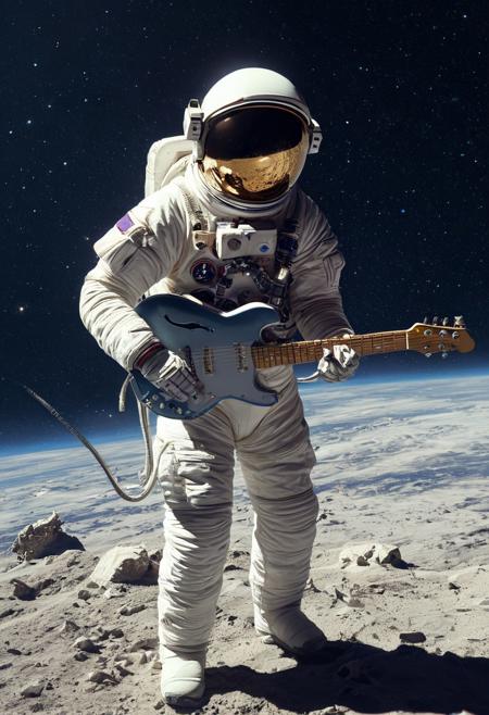 DB4RZ style painting, astronaut plays guitar　This is a highly detailed, CGI-rendered digital artwork depicting an astronaut floating alone in the vast expanse of space, surrounded by distant stars. A strange, sinister substance has already reached the astronaut's chest, creeping higher with dark, winding tendrils that cling to the suit with a terrifying, organic grip. These slender, viscous strands crawl eagerly over the suit, moving with predatory intent as they work their way up the torso and race across the surface, as if hungry to engulf the astronaut. The black, thick texture gleams with faint violet hues, pulsing with an otherworldly glow that makes the substance appear unnaturally alive. A cinematic shot of an astronaut in a vibrant white spacesuit standing in the foreground, with a massive, intricate space station or spacecraft as the backdrop. The space station is adorned with numerous lights, windows, and technical details. The astronaut's suit is equipped with various gadgets and patches. The atmosphere is filled with floating debris and a hazy white hue, suggesting either a celestial event or a post-apocalyptic setting.