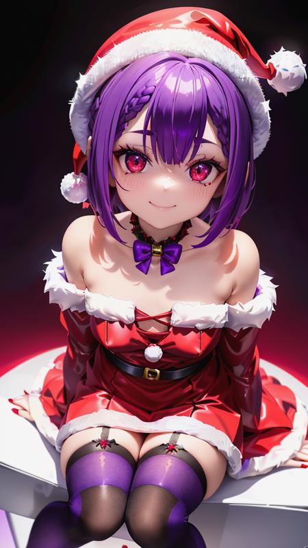 one girl,solo,high stature,Early twenties,(((red eyes,purple hair))),mole under eye,drooping eyes,midium short hair,hair between eyes,muscle girl,large thighs,(((flat chest))),(ahoge),tareme,
(sheer christmas costume,violet christmas santa costume),((violet tailcoat,purple long sleeves)),violet corset,red print purple long skirt,((purple mini silk hat)),off_shoulder,violet stripe stockings,purple dog collars,see-through,
mephistopheles the Fallen Angel,(smile,abandonment face,pleasant:1.2,delighted:1.1,closed mouth),cinematic lighting,((shiny skin)),high resolution,(symmetrical clear eyes:1.3),(christmas tree,) ,santa claus,(Sitting on an ice chair,)
(christmas switzerland alps background),sense of depth,4k,absurdres,(dynamic pose),dynamic angle,best quality,masterpiece,Detailed illustration,Destructive art,opulent,(Ray Tracing,Illustrated,Reflected Light),