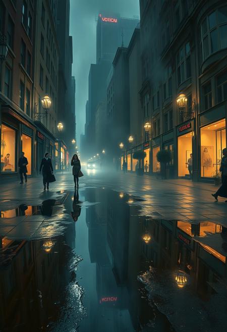 A misty street at night where reflections in rain puddles reveal an alternate world upside-down, hinting at a surreal parallel reality. dynamic theatrical cityscape infused with surreal architectural illusions, dramatic soft lighting with expressive brushwork, elegant figures moving through gravity-defying mirrored spaces, muted rich color palettes with glowing highlights, dreamlike distortions in perspective