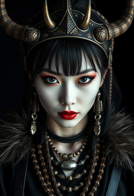 super close up shot, front view of a Beautiful japanese geisha warrior, asian eyes, barbarian armour, horns, fur, tribal necklaces, white skin, black makeup, sensual, erotic, sensual lips, flirty look on face, black clothes, Low saturation color photography, vintage, grunge, top light, masterful piece in the style of Oleg Dou photography, black background