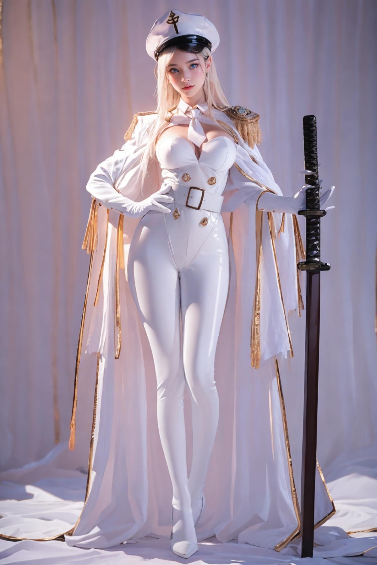 A doll or model in a white dress and white boots holding a sword.