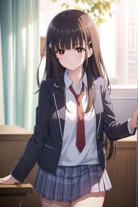 yumeirido, <lora:yume irido s1-lora-nochekaiser:1>,
yume irido, long hair, bangs, (black hair:1.5), hair ornament, (brown eyes:1.5), hairclip,
BREAK shirt, school uniform, jacket, white shirt, necktie, collared shirt, blazer, red necktie, red skirt, skirt,
BREAK indoors, classroom,
BREAK looking at viewer, (cowboy shot:1.5),
BREAK <lyco:GoodHands-beta2:1>, (masterpiece:1.2), best quality, high resolution, unity 8k wallpaper, (illustration:0.8), (beautiful detailed eyes:1.6), extremely detailed face, perfect lighting, extremely detailed CG, (perfect hands, perfect anatomy),