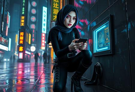Photorealistic cyberpunk scene in the style of Blade Runner. A teen girl stands in a rainy, neon-lit alley in Neo Tokyo at night. She wears a luminous blue hijab, with strands of black hair streaked with glowing blue highlights peeking out. Her makeup is striking—pink glitter lipstick and glowing pink eyeshadow. She is dressed in a sleek, tight black turtleneck and form-fitting black pants with tactical belts and buckles, and knee-high high-heeled boots. The girl is crouched beside a futuristic corporate building, using a high-tech handheld computer to hack into a glowing terminal embedded in the wall. Neon signs in Japanese kanji reflect off the wet pavement. The background is filled with holographic ads, dense smog, and monolithic skyscrapers. Lighting is moody and cinematic, with heavy contrast, mist, and reflections in puddles, capturing the gritty atmosphere of Blade Runner.
–v 5 –ar 16:9 –style photorealistic –lighting cinematic –atmosphere rainy, neon, moody –quality ultra-detailed