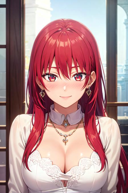 masterpiece, (best quality), 1woman,1girl ,sakisaki,   red hair,  long hair,  red eyes,formal dress, gown , jewerly, earrings, necklace, divine woman,medium breasts, ,sexy woman,smile, hair between eyes, long sleeves,closed clothes, embarrassed,blush,  formal event, vibrant colors ,natural lighting  ,RTX,  , beautiful, (detailed face:1.2), showcase, (perfect eyes:1.1) ,(photorealistic:1.1), 8k uhd,  looking at viewer, indoors,  simple backround, upper body, chandellier, church