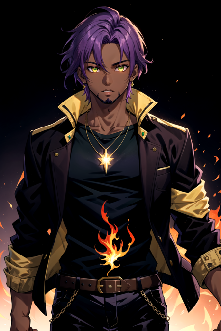 cameron x'voor, 1boy, belt, black belt, black pants, brown jacket, brown shirt, dark skin, dark-skinned male, dog tags, earrings, facial hair, fire, glowing, glowing eyes, gradient, gradient background, green eyes, jacket, jewelry, long sleeves, looking at viewer, male focus, necklace, open clothes, open jacket, pants, parted lips, purple hair, ring, shirt, short hair, solo, upper body, yellow shirt, <lora:Cameron_Xvoor:0.5>