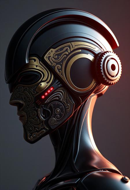 Title: Cybernetic Masked Warrior – Side Profile
Style: Futuristic, sci-fi, high-detail concept art
Perspective: Right-side profile view
Lighting: Strong, high-contrast lighting from behind and above, illuminating the contours of the face with a slight glow
Subject Description:
Head and Face: The character is a humanoid cyborg with a sleek, black mechanical head. The face is covered by a sculpted, ornate metallic mask that appears semi-integrated into the skin. The surface of the mask is highly textured with an intricate pattern resembling circuitry or ancient carvings, blending gold, silver, and iridescent blue highlights.
Facial Features: The mask retains realistic human facial features (nose, lips, brow), but is stylized and mechanical. There's a glowing red mark or light near the cheek, possibly a sensor or a scar-like accent.
Helmet and Machinery: The back and top of the head are encased in dark, rounded armor or helmet plating, embedded with a rotating gear-like mechanism near the ear. This component looks like a high-tech audio or power module, connected with mechanical joints and wires.
Energy Effect: A bolt of cyan-blue energy arcs across the face, from below the chin diagonally toward the headgear, suggesting a surge of power, data, or transformation.
Background: Clean, soft white gradient with faint shadows and smudges, creating a stark contrast that emphasizes the character’s metallic textures and silhouette.