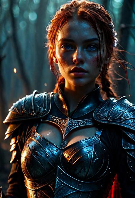 Ultra detailed digital art masterpiece Warrior girl dressed in a iron Armor and winter coat, Standing on a bloody and stormy battlefield, standing in combat pose, dark fantasy medieval Town, perfect lighting, beautiful Sadie Sink as Warrior girl, attractive woman, elegant, sinewy athletic body, unreal engine 5 nanite quality, mixed with dark elements, dark environment, very cold winter night, clean dark velour witch clothing, LOTR style, dark washed out eyeliner, no make up, natural bloody face, realistic blue eyes, ultra detailed atmospheric details, beautiful glowing effects, sparkle effects, realistic body proportions, beautiful face proportions, complex masterpiece, wavy red hair, creative glowing detailed tattoos, complex physics, enhanced colors, complimentary colors, ultra detailed raytracing reflections, Ultra detailed complex background, environment feels alive, direct eye contact, dramatic lighting, wet and sweaty skin, beautiful firm Breasts, Concept art portrait by Greg Rutkowski