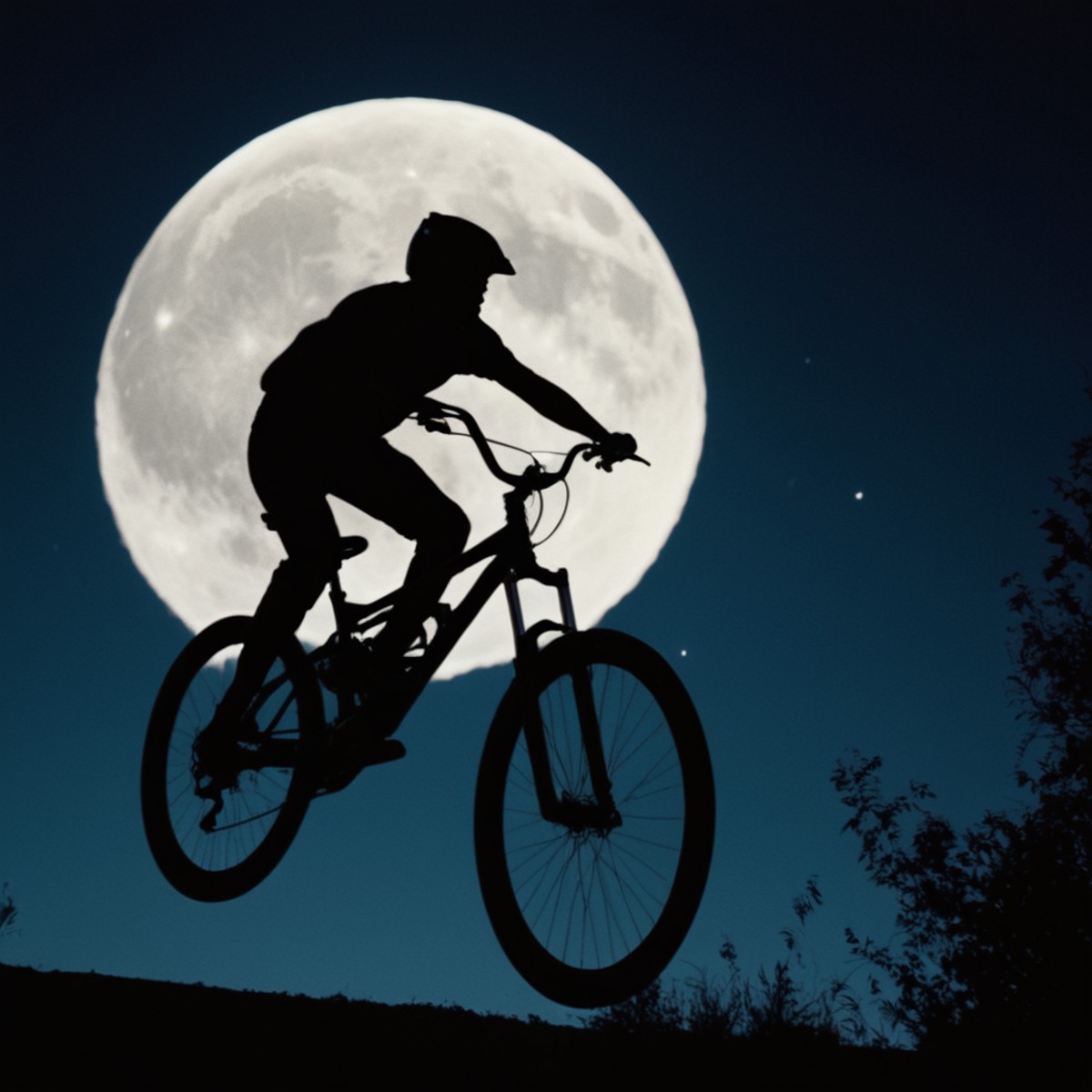 cinematic film still of  <lora:silhouette style:1>
A silhouette photo of a person on a bike in the air with a full moon in...