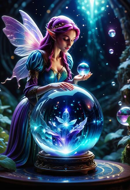 an elf looking at a crystal ball with a fairy inside. cinematic photo, 35mm photograph, film, professional, 4k, highly detailed. an elf looks into a crystal ball with a sense of wonder and amazement. The crystal ball is a smooth sphere with a bluish hue, its surface is polished and gleaming softly under light, revealing a mesmerizing play of purple, blue, and red tones. The ball provides a full view of a fairy as she flies swiftly to a unseen destination. Tiny air bubbles and inclusions are scattered throughout, lending it a sense of antiquity and natural complexity.  Around the fairy the ball is increasingly cloudy, further accentuating the fairy as the focal point. The vision is active, providing a glimpse into a mysterious magical world.