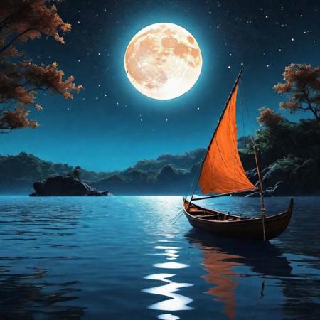 boat in the water under the moon in the night, vibrant, backdrops, nature, art, dark orange and sky-blue, fairy, zen, ultra realistic, hyper detailed  v 5.2