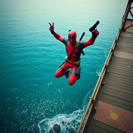 Deadpool is jumping from a bridge in a sea, red third person oponion, super focus on male, superrealistic, in his right hand he has a gun, he is doing peace with his left hand