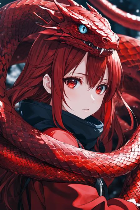 1girl,anime,upper body, Cold "The Red Serpent", Oversaturated, (deep red theme:0.7) , dslr, hyper detailed