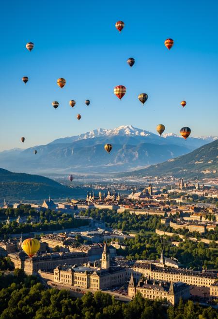 fantastic scenery, many classic hotair ballons launching at the same time, classic photography, 19th century, background city, mountains, sunny day, blue sky