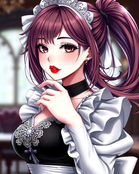 Highly detailed, anime-style girl, beautiful face, smooth porcelain skin, vivid lipstick, perfect makeup, alluring expression, sexy pose, wearing a classic maid outfit with intricate lace details, black and white contrast, elegant and stylish design, soft lighting, background blurred to enhance focus on the character, highly detailed fabric textures, dynamic and flowing hair, vibrant colors
