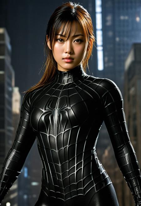score_9, score_8_up, score_7_up, best quality, realistic, masterpiece, beautiful detail, hyperrealistic, woman ((1girl, woman body, big breasts)), amazing detailed full body portrait of a beautiful japanese girl, wearing a realistic and highly detailed black raimi spider-man suit, ((huge muscular girl)), professional model wears ultra - detailed black raimi spider - man suit, ultra - detailed and grained black raimi spiderman suit, suit covered entire body and hand, black spiderman gloves, wet, (dynamic pose), (full body), (dirty skin), close up, octane render, highly detailed, volumetric, dramatic lighting, (highest quality:1.1), (HDR:1.3), (top quality, best quality), realistic, high definition,