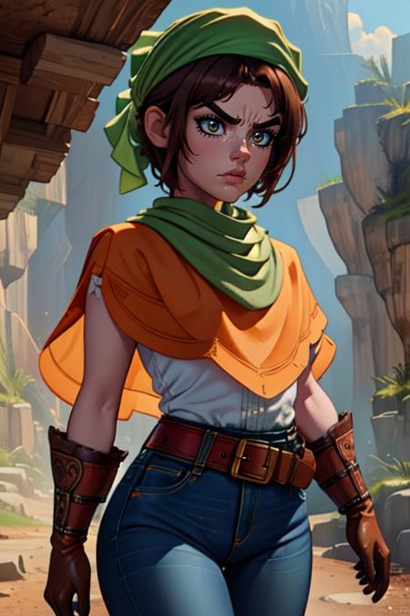 Toan, short brown hair, thick eyebrows, (Solo) upper body, serious face, low angle, dark cave, 
orange poncho, denim jeans, green bandana with white feathers, crested brown gloves, brown boots, belt, 
small village, mountains,  standing,  facing viewer,  
(insanely detailed, beautiful detailed face, masterpiece, best quality) cinematic lighting, 
 <lora:Toan-10v3:0.7>