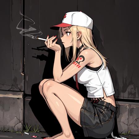 (masterpiece:1.2, best quality), girl, Night, street, smoking, profile, arm tattoo, cigarette smoke, Shadows, damp, cap, crouching