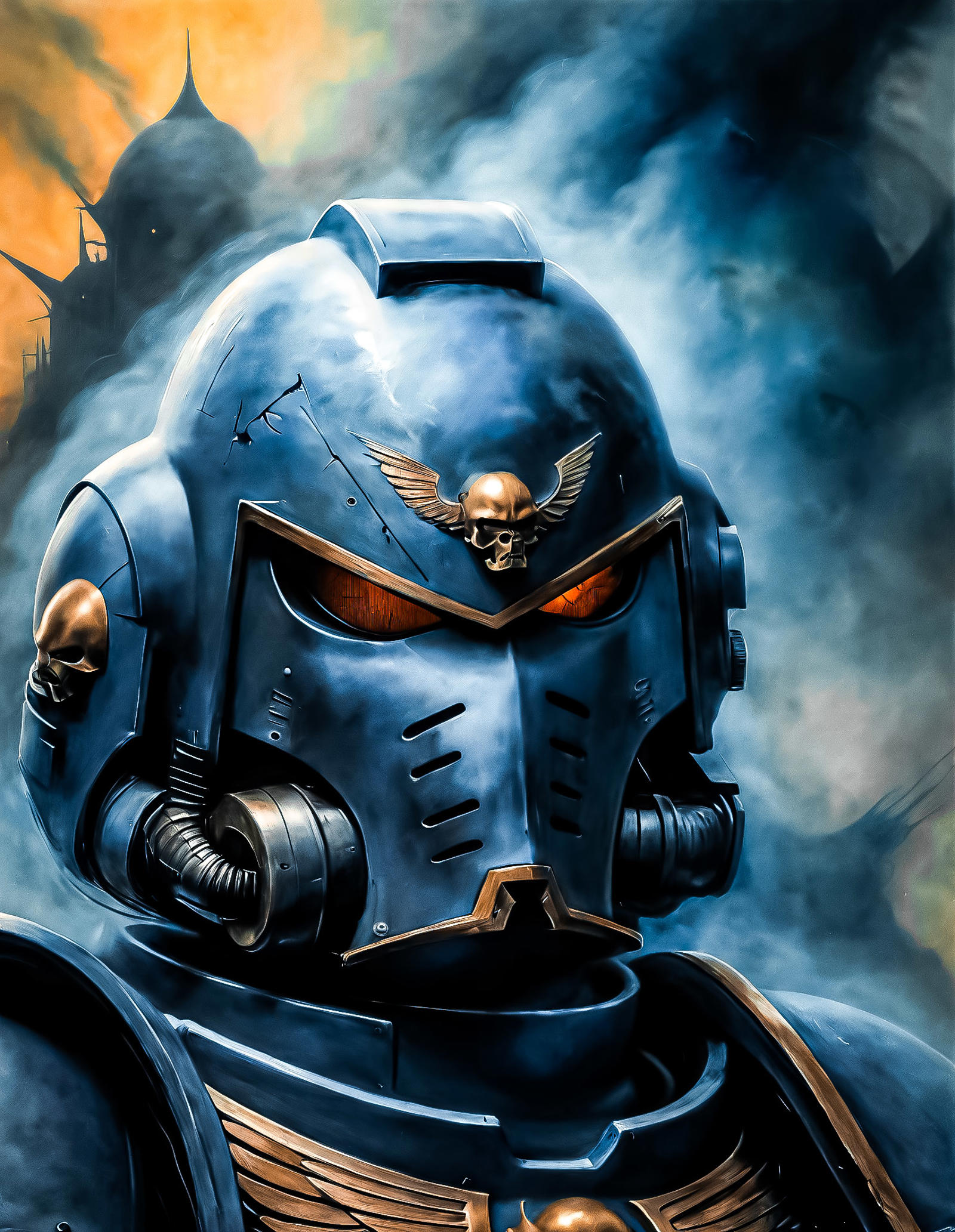 A blue armored robot with a skull and wings on top.