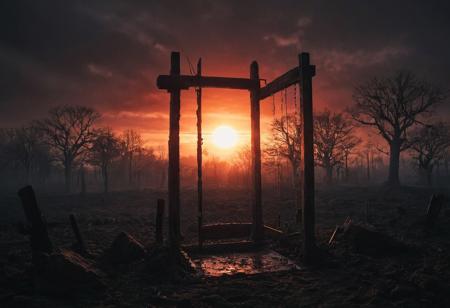 ((Medieval fantasy setting)), score_9, score_8_up, score_7_up, 
Guillotine: "An old guillotine with a wooden frame and a metal blade on which dried blood is visible. Under the guillotine are pools of blood from severed heads. The sun is setting, coloring the sky in bloody shades, which adds to the eerie atmosphere. The background is dark silhouettes of trees that create a feeling of isolation and hopelessness."