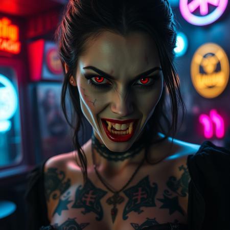 half body shot of a vampiress with european pale face and red eyes, dark hair, prominent and slightly aquiline nose with a straight bridge and a refined tip, bulgarian, with a very evil and demonic look, she must be gothic, dark, mouth slightly open and (showing her vampire fangs:1.1), she has tattoos with strange ancient symbols (maybe runic), inside a cyberpunk style pub at night, cyan light at her left, magenta light at her right, realistic, detailed, 8K