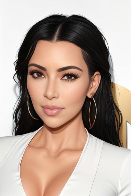 closeup photo of woman Koh_KimKardashian, wearing white dress with golden decorations, modest, long black hair, earrings, looking at viewer, perfect face, perfect eyes, sharp focus, intricate, high detail