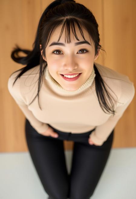Upper body pose of a young japanese woman smiling to the camera.
She has a black ponytail, amber eyes, pale skin, beige turtleneck and black leggings. She has small breasts