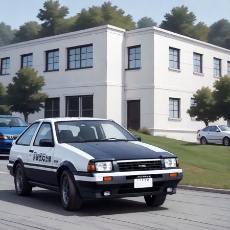 TakumiFujiwara,1boy,short hair,brown hair,black eyes, t-shirt,jeans pants, AE86,car,