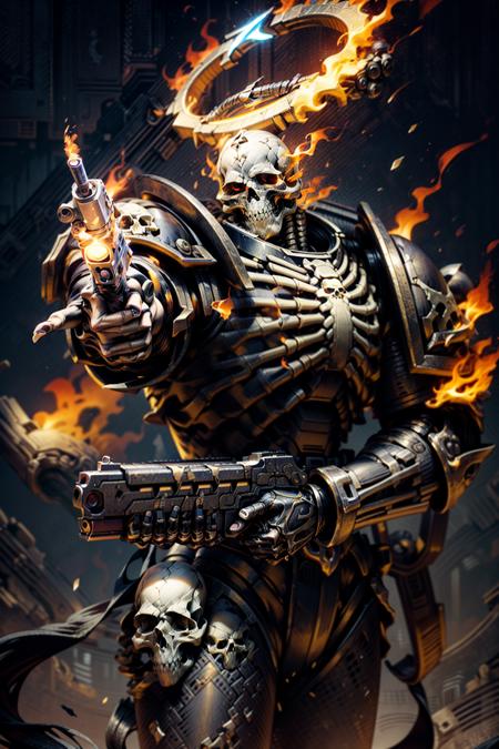 Photo of damned, full armor, wearing intricate ornamented metallic armor, skull face, skeleton, cowboy shot,
epic, burned metal, skull trimmings, charred black armor, flaming eyes, tall stature, burning, on fire, ghostly appearance, halo, burning halo, open mouth, 
upper body focus, close-up, ((pointing gun:1.3)), 
<lora:tool - add_detail:1> <lora:Legion of the Damned MK1 by CARAXES:0.7>